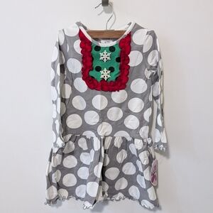 Mallory May Gray Polka Dot Holiday Snowflake Buttton Red Ruffle Dress Girls 4